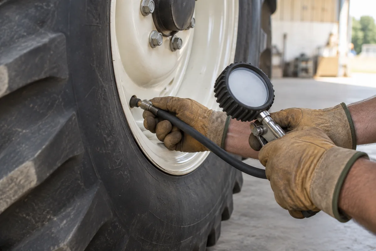 Manomètre de gonflage tenu à la main contre la valve d’une roue arrière de tracteur