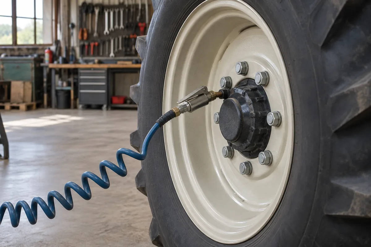 Raccord de gonflage relié au moyeu d’une roue de tracteur dans un atelier vide