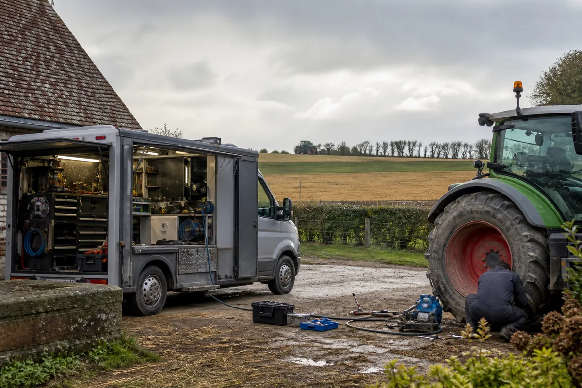 Camion-atelier intervenant sur une roue de tracteur en bord de parcelle