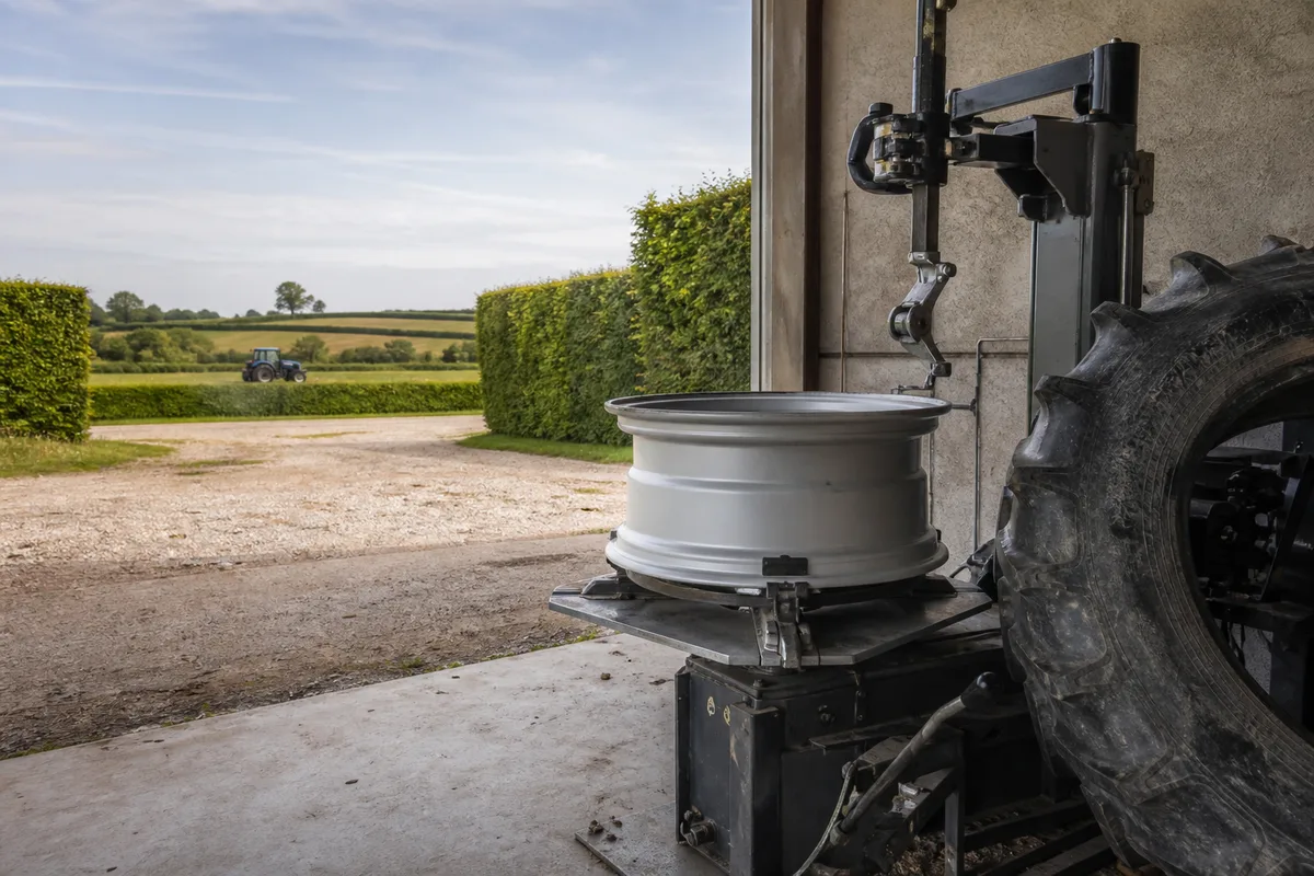 Atelier de montage de pneu agricole avec démonte-pneu et jante nettoyée