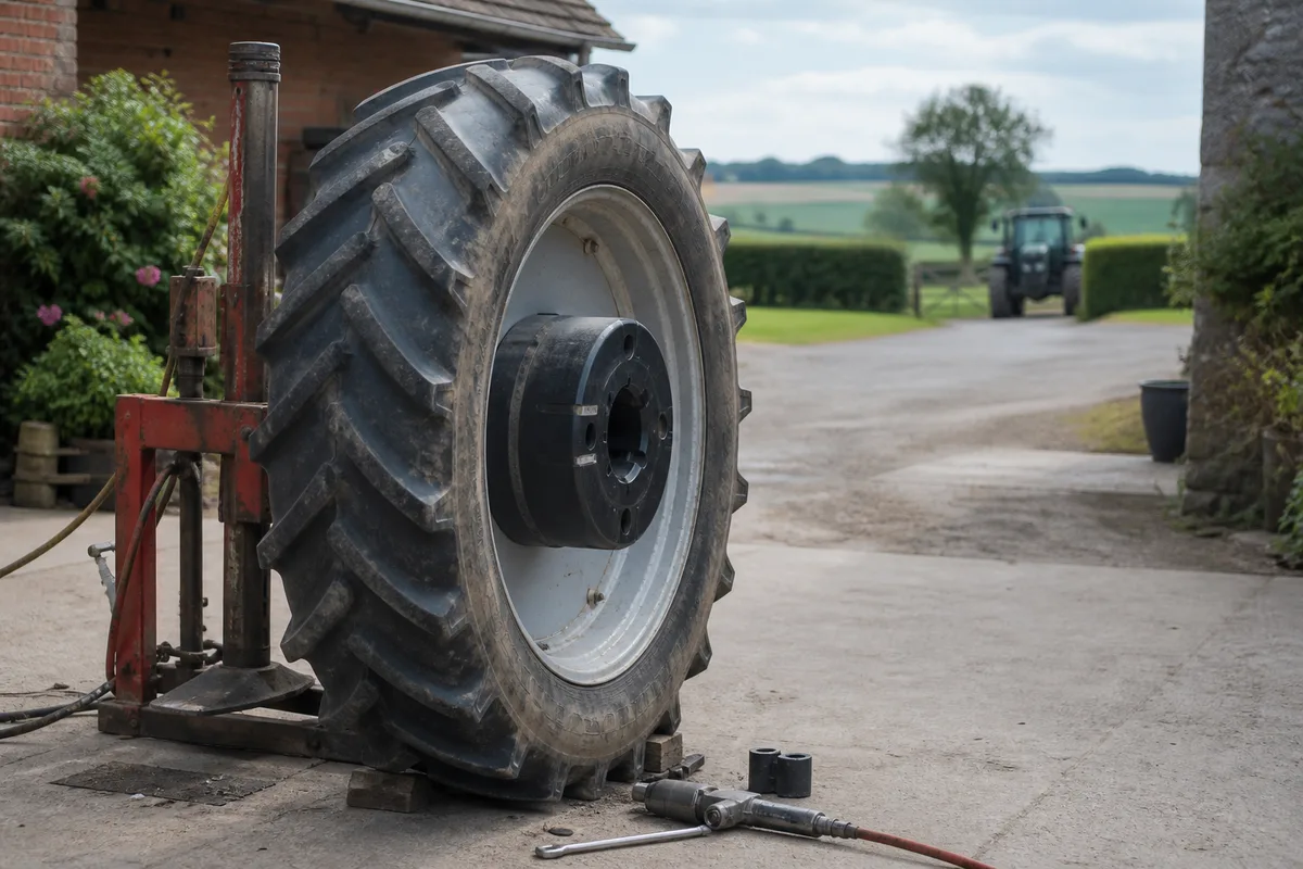 Roue de tracteur remontée et lestée avant repose sur le moyeu