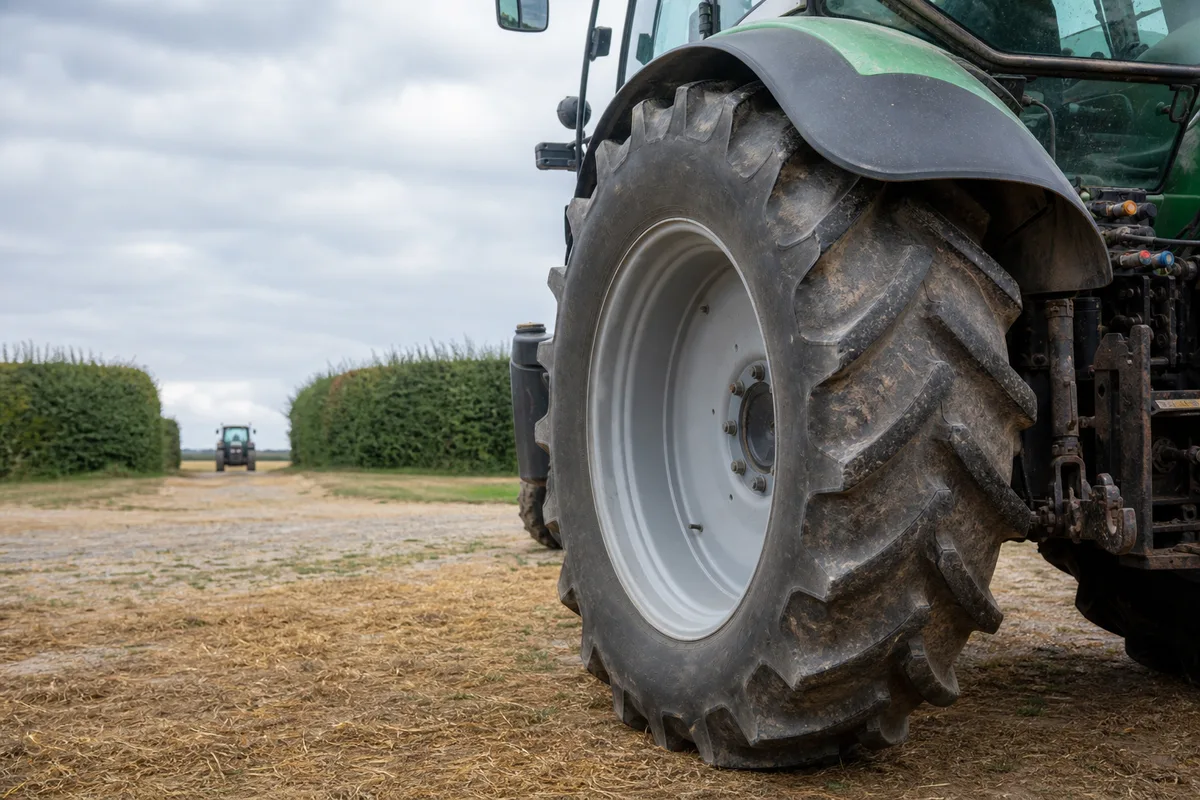 Roue arrière de tracteur en dimension 650/85 R38 montée sur la machine