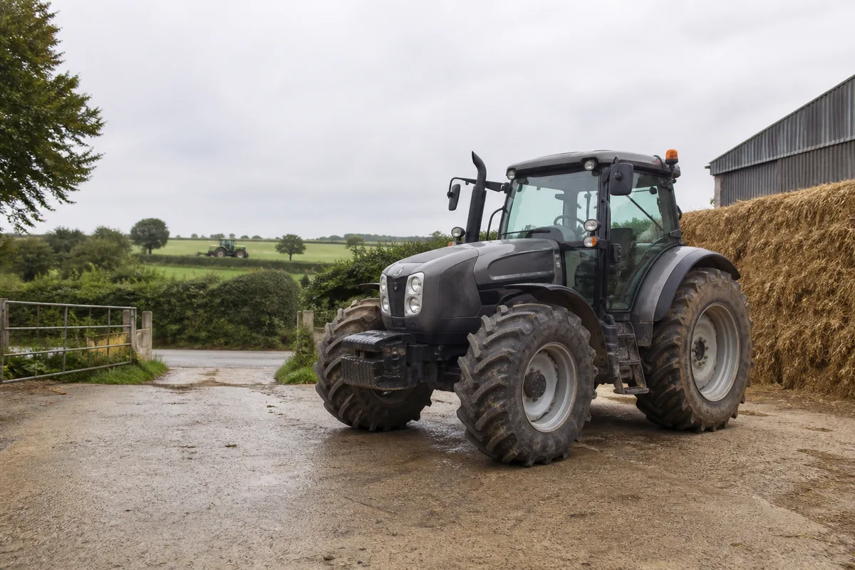 Tracteur agricole vu de trois quarts avec ses deux essieux équipés