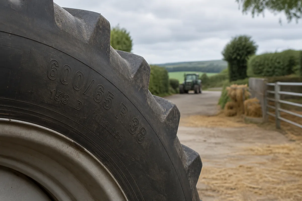 Flanc de pneu agricole présentant son marquage de dimension et son indice de charge