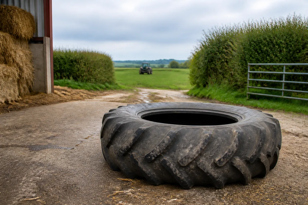 Pneu de tracteur d’occasion inspecté au sol, crampons partiellement usés