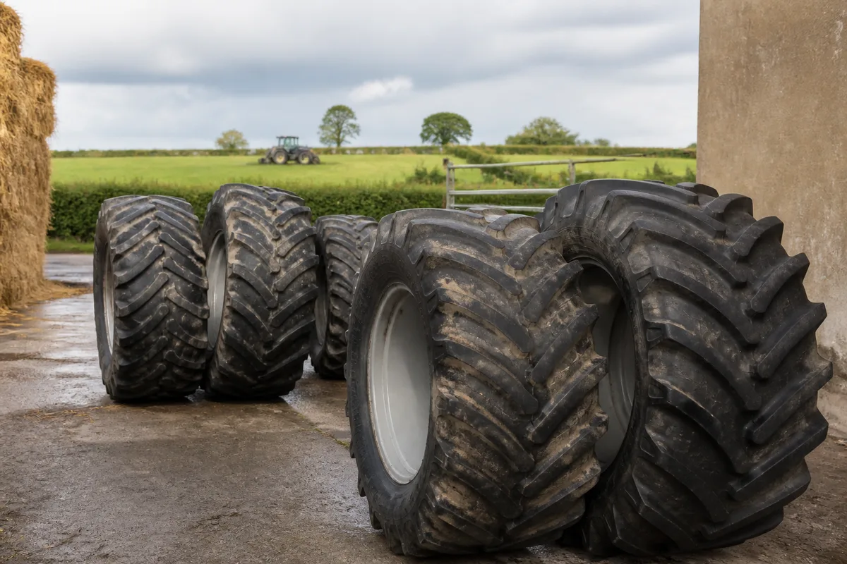 Jeu de pneus agricoles alignés en cour de ferme avant remontage