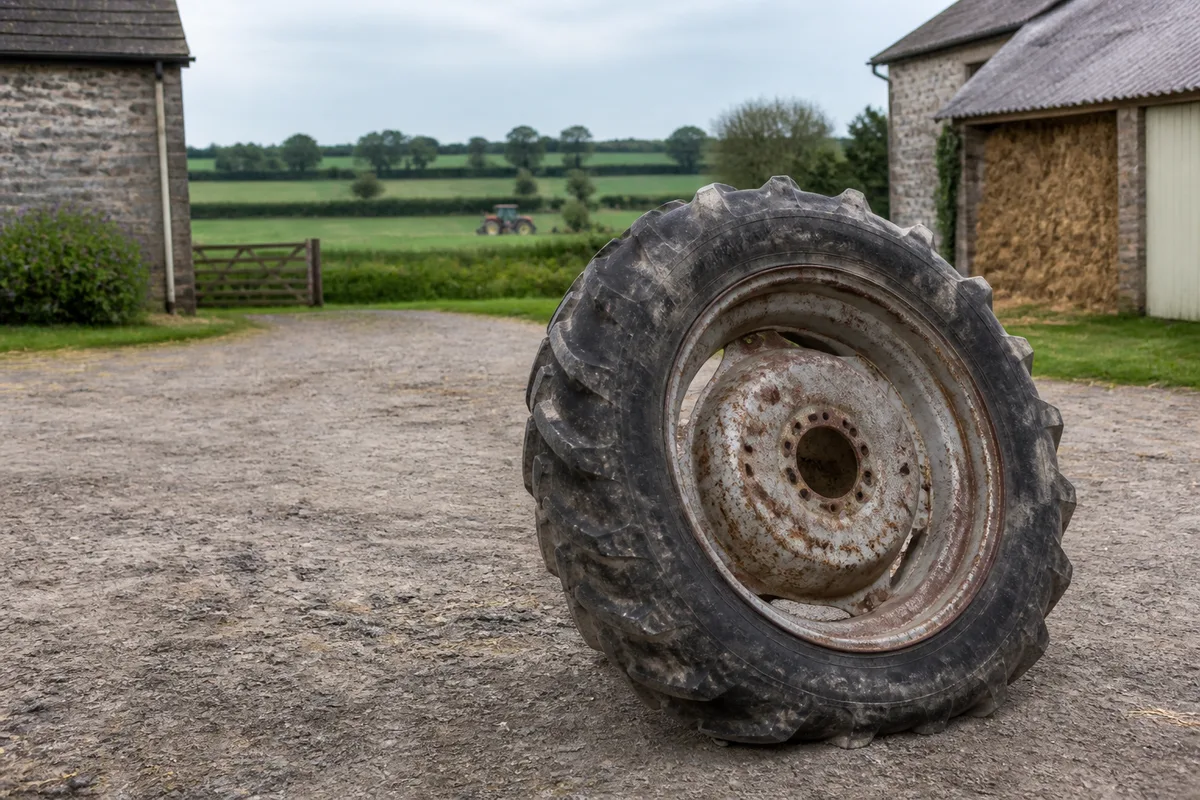 Roue arrière de tracteur déposée, jante corrodée avant traitement